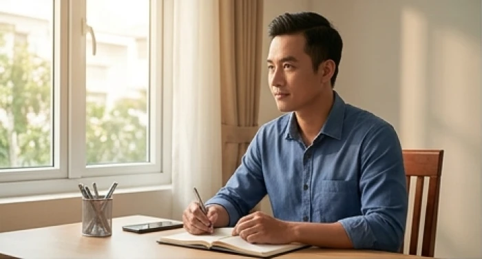 Nam doanh nhân tuổi Đinh Mão làm việc tập trung bên bàn gỗ cạnh cửa sổ ngập tràn ánh nắng buổi sáng