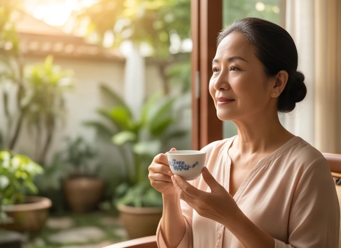 Nữ gia chủ Bính Ngọ 61 tuổi an nhàn thưởng trà trong không gian gia đạo ấm cúng và thanh bình