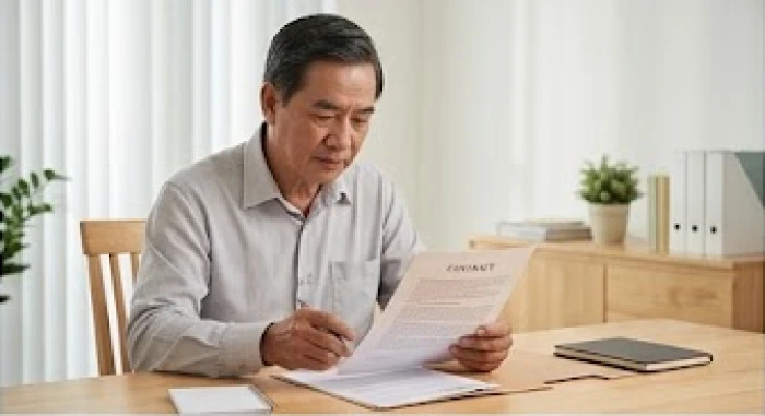 Người nam giới 65 tuổi kiểm tra kỹ hóa đơn chứng từ trước khi thực hiện giao dịch tài chính lớn