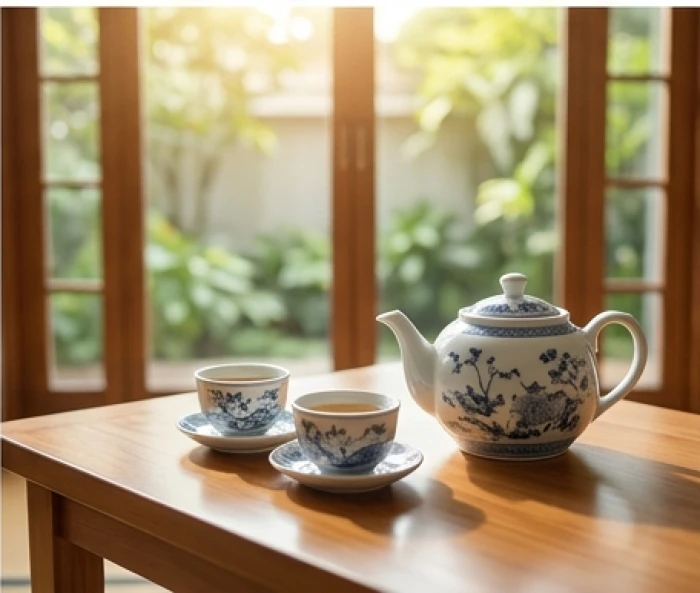 Bàn trà thanh tịnh với ấm trà sứ ấm áp giúp tĩnh tâm và giữ vững hòa khí gia đạo khi gặp sao thổ tú năm 2026