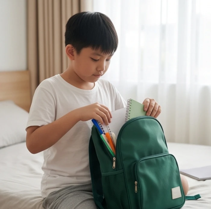 Bé trai cẩn thận sắp xếp bút thước và sách vở vào chiếc cặp xách màu xanh lá cây trước khi đến trường
