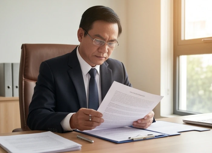 Người đàn ông trung niên đang cẩn trọng rà soát từng điều khoản hợp đồng và giấy tờ hành chính tại bàn làm việc