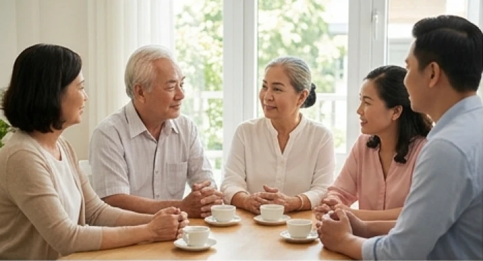 Người cao tuổi ngồi đàm đạo hòa nhã cùng con cháu tại phòng khách nhằm giữ hòa khí gia đình