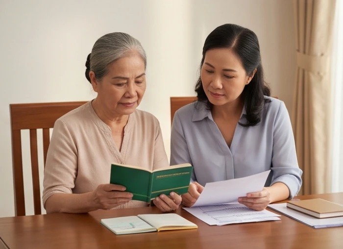 Cụ bà 77 tuổi cẩn trọng bàn bạc sổ sách chi tiêu và tiền tiết kiệm cùng con gái lớn trong phòng khách