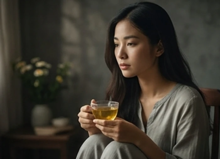 Cô gái trẻ đang ngồi trầm ngâm bên tách trà hoa cúc trong một không gian tĩnh lặng và yên bình