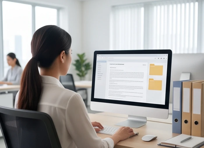 Người lao động cẩn thận sắp xếp và lưu trữ các hồ sơ hợp đồng làm việc trên máy tính để tránh thị phi sao thổ tú