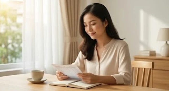 Nữ giới Canh Thìn cẩn trọng xem xét sổ sách chi tiêu cá nhân bên cạnh tách trà ấm trong không gian yên tĩnh