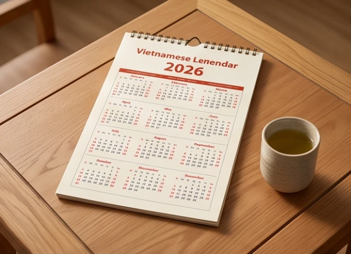 Cuốn lịch vạn niên năm Bính Ngọ 2026 mở ra trang ghi chú về các vì sao chiếu mệnh với tông màu trang nhã