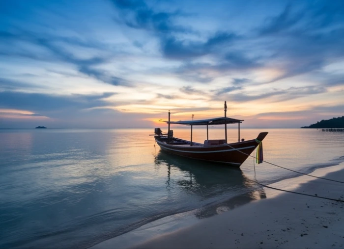 Con thuyền nhỏ đang neo đậu an toàn ven bờ biển tĩnh lặng lúc hoàng hôn buông xuống