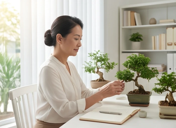 Nữ gia chủ tuổi quý sửu 1973 sắp xếp hồ sơ gia đình tĩnh tâm tại không gian yên tĩnh bên cửa sổ
