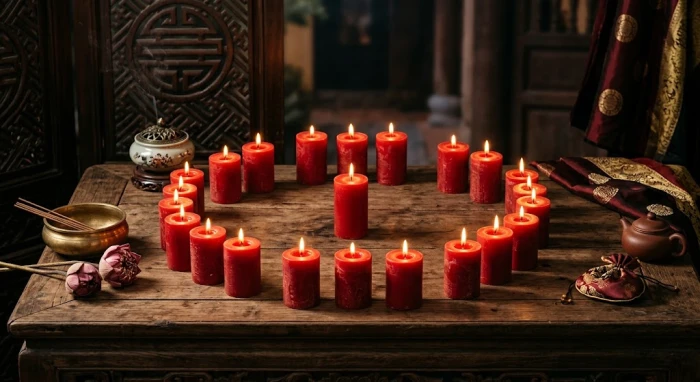 Sơ đồ 15 ngọn nến đỏ và bài vị dùng trong nghi thức cúng hóa giải sao vân hán chiếu mệnh giúp gia đạo bình an