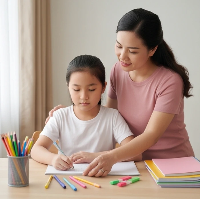 Người mẹ nhẹ nhàng hướng dẫn con gái cách chọn lọc và sắp xếp những món đồ dùng học tập cần thiết trên bàn
