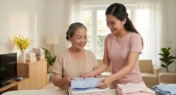 Người phụ nữ 75 tuổi được con cháu hỗ trợ việc nhà và di chuyển để phòng tránh trượt ngã do hạn Kình Dương