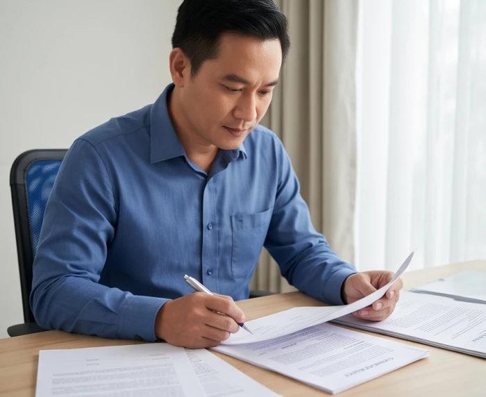 Doanh nhân nam tuổi Bính Dần cẩn trọng rà soát kỹ các điều khoản hợp đồng kinh doanh trên bàn làm việc