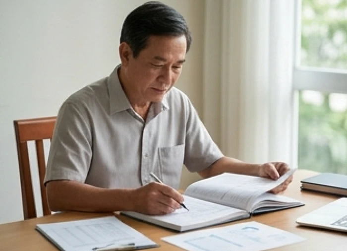 Người đàn ông trung niên đang cẩn thận kiểm tra các loại sổ sách giấy tờ kinh doanh tại bàn làm việc gỗ