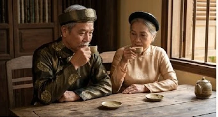Hai vợ chồng lớn tuổi mặc trang phục truyền thống ngồi uống trà và thảo luận tĩnh tâm