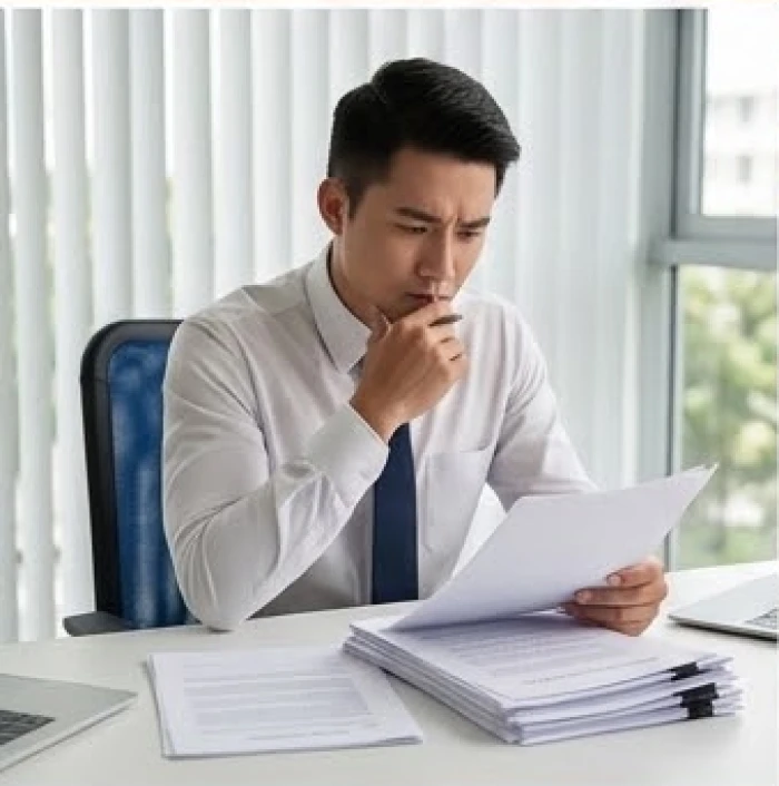 Nam giới làm việc căng thẳng bên màn hình máy tính do áp lực công sở và thị phi