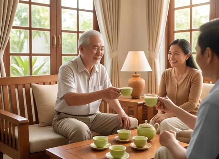 Cụ ông tuổi Canh Dần ngồi thư thái uống trà cùng con cháu trong không gian gia đình ấm cúng