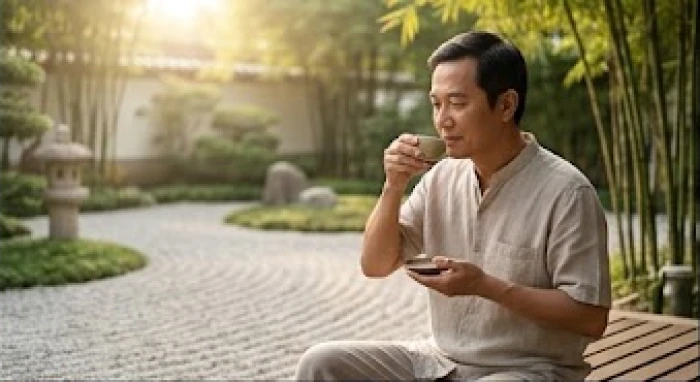 Gia chủ nam mạng Đinh Tỵ đang ngồi tĩnh tâm thư giãn với tách trà nóng để xua tan mệt mỏi và giữ tinh thần minh mẫn