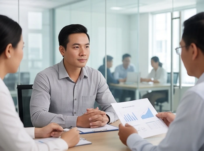 Nam giới tuổi Giáp Tuất bình tĩnh thảo luận công việc bên bàn họp, kiềm chế cảm xúc khi gặp ý kiến trái chiều tại văn phòng