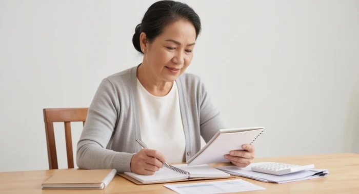 Người phụ nữ 65 tuổi giữ tâm thái bình thản khi xem xét sổ sách tài chính gia đình trong năm sao vân hớn chiếu mệnh