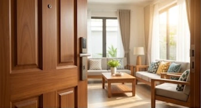 Luồng sáng dịu chiếu qua cánh cửa chính bằng gỗ tự nhiên của ngôi nhà mang năng lượng bình yên khắc chế sát khí.