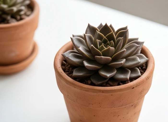Chậu Sen Đá Nâu nhỏ gọn với các cánh lá xếp hoa thị đều đặn trồng trong chậu gốm đất nung mộc mạc