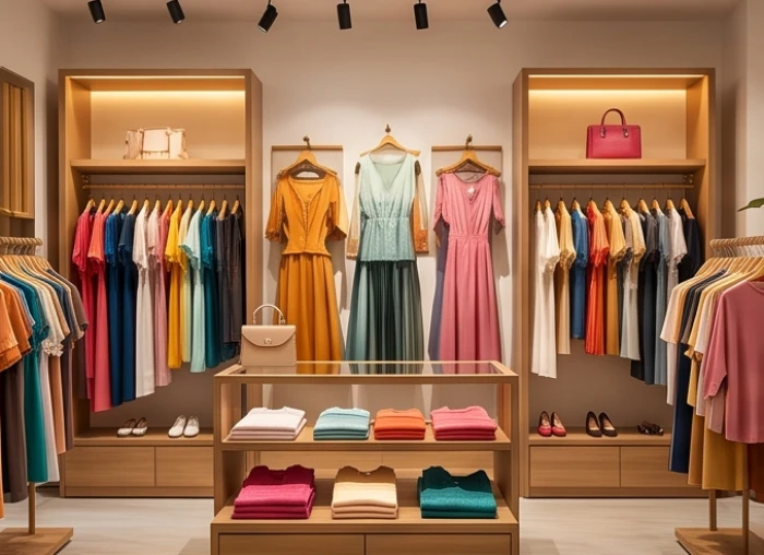Cửa hàng quần áo thời trang nữ được trang trí bắt mắt với hệ thống ánh sáng rực rỡ và giá treo đồ gọn gàng