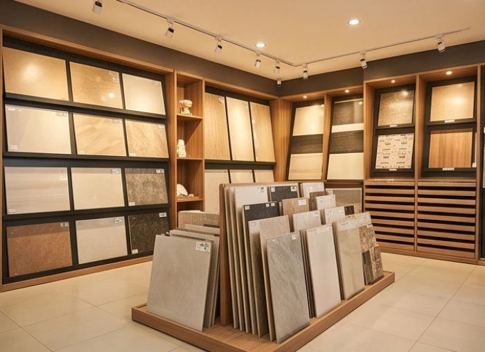 Showroom trưng bày vật liệu xây dựng và gạch ốp lát với ánh sáng vàng ấm áp tôn vinh màu sắc sản phẩm