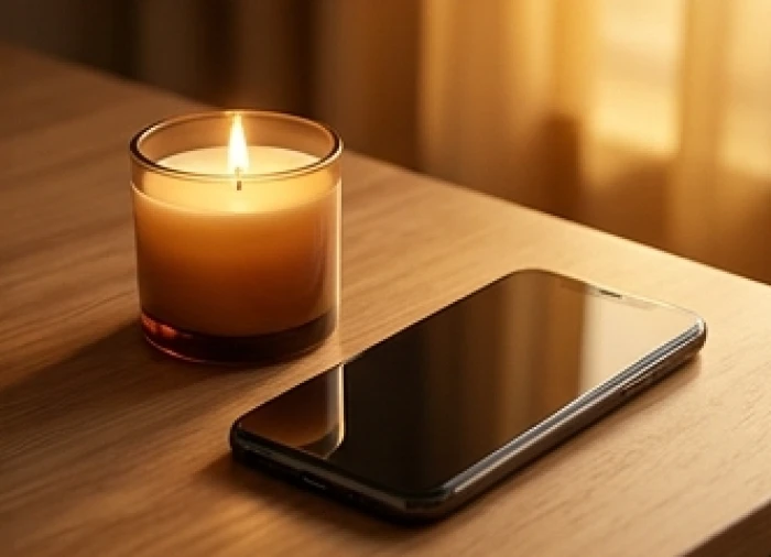 Không gian làm việc ấm cúng với nến thơm và điện thoại minh họa cho năng lượng nạp âm Lư Trung Hỏa Bính Dần