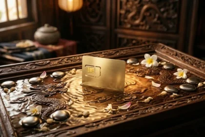 Thẻ sim điện thoại trên nền gỗ chạm khắc nghệ thuật giúp người dùng chọn sim phong thủy tuổi thân chuẩn xác