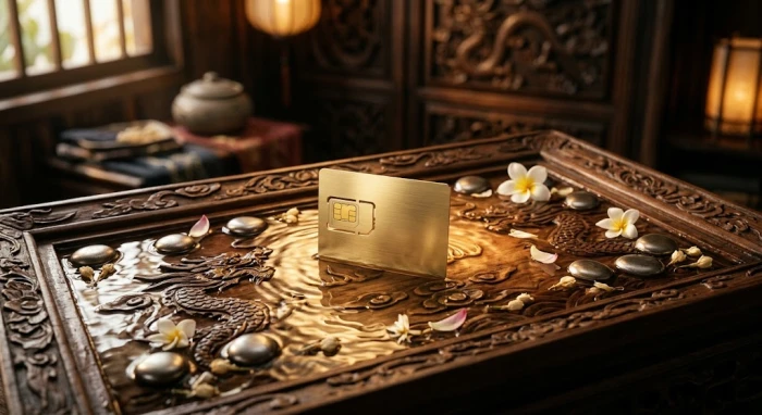 Thẻ sim điện thoại trên nền gỗ chạm khắc nghệ thuật giúp người dùng chọn sim phong thủy tuổi thân chuẩn xác