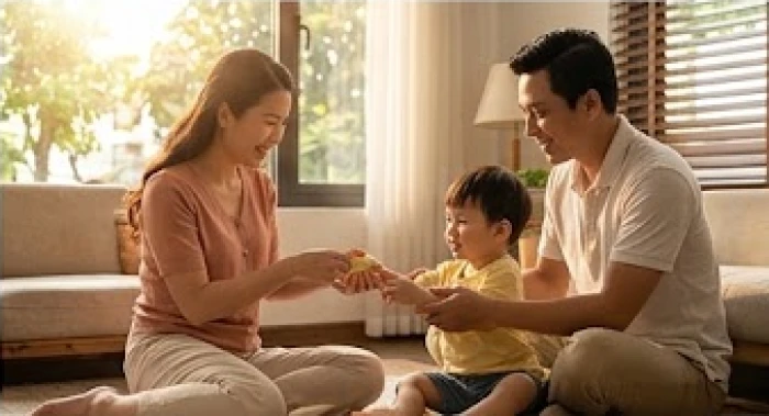 Gia đình ba người quây quần hạnh phúc trong phòng khách thể hiện giải pháp sinh con hóa giải xung khắc.
