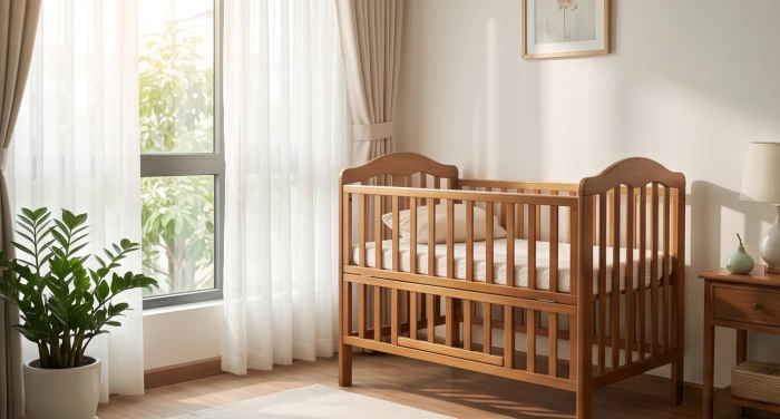 Chiếc nôi em bé bằng gỗ đặt cạnh cửa sổ đón ánh sáng tự nhiên mang ý nghĩa về sự gắn kết và niềm hy vọng mới của gia đình