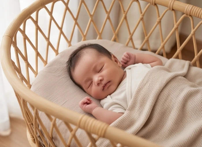 Đứa trẻ sơ sinh bụ bẫm đang say ngủ trong nôi, mang ý nghĩa cầu nối gắn kết tình cảm gia đình.