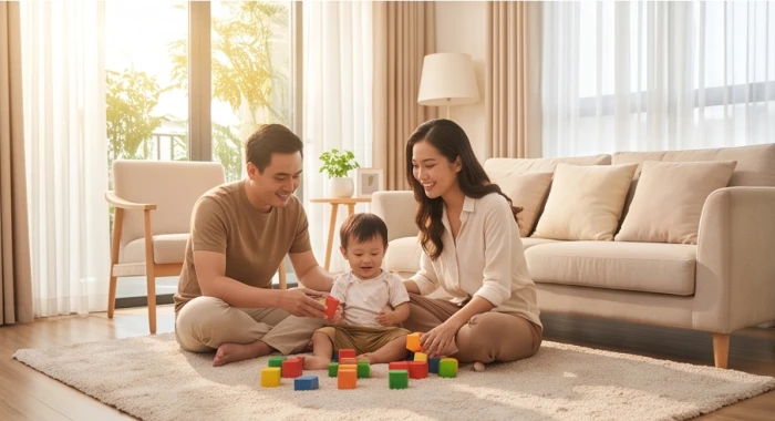 Gia đình nhỏ ấm áp hạnh phúc với bố mẹ và em bé cùng vui đùa trong phòng khách tràn ngập ánh sáng