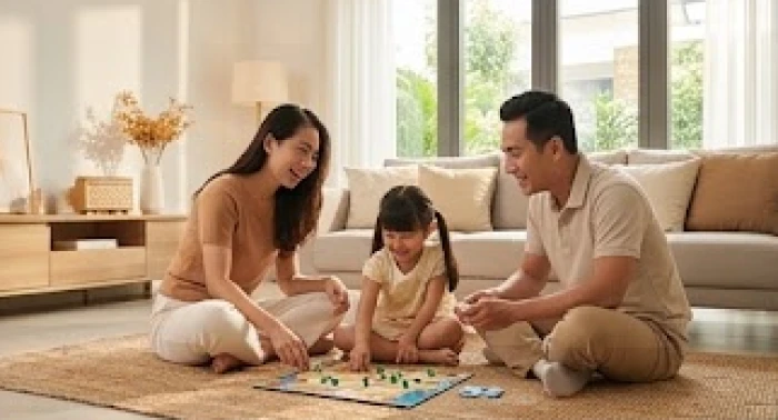 Gia đình ấm cúng hạnh phúc thể hiện sự hòa hợp ngũ hành nhờ con cái hợp mệnh Hỏa