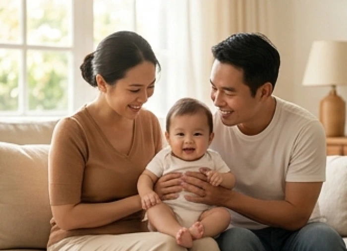 Đôi vợ chồng mỉm cười hạnh phúc bên đứa con nhỏ tuổi Tý trong không gian gia đình ấm cúng và bình yên