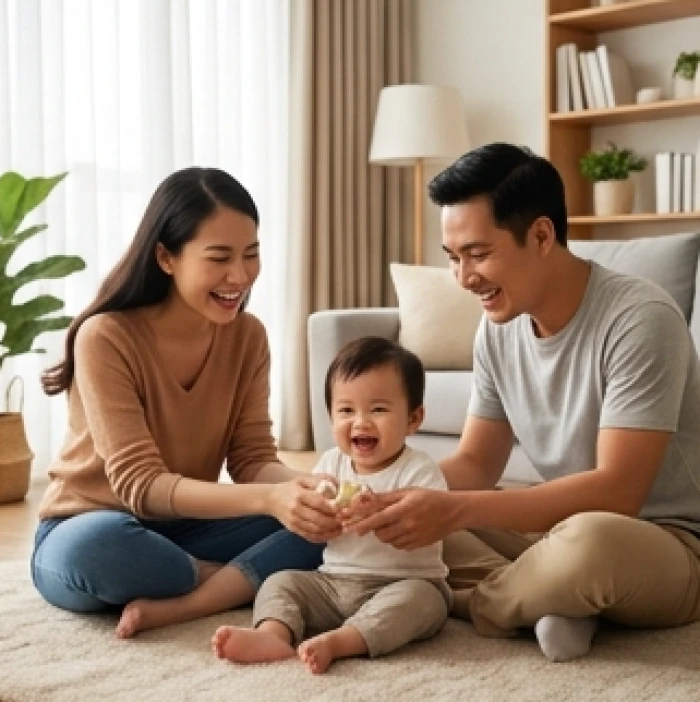 Gia đình nhỏ ba người hạnh phúc vui đùa cùng con nhỏ tại phòng khách mang lại không khí ấm áp hòa thuận