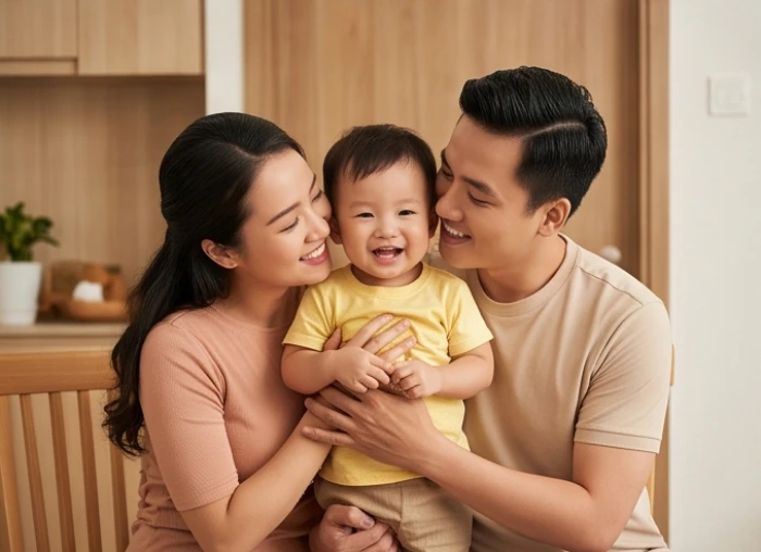 Bố mẹ tuổi Sửu hạnh phúc ôm con nhỏ mang mệnh trung gian giúp kết nối tình cảm gia đạo hòa thuận