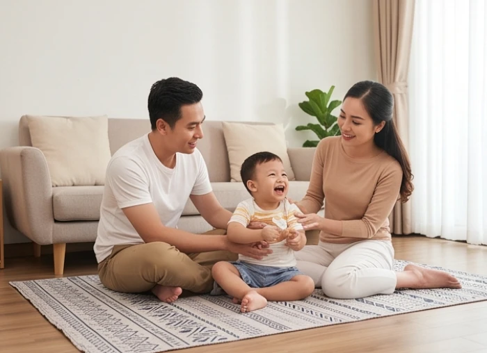 Gia đình nhỏ hạnh phúc bên con yêu mang lại trường năng lượng tích cực và sự dung hòa trong phòng khách