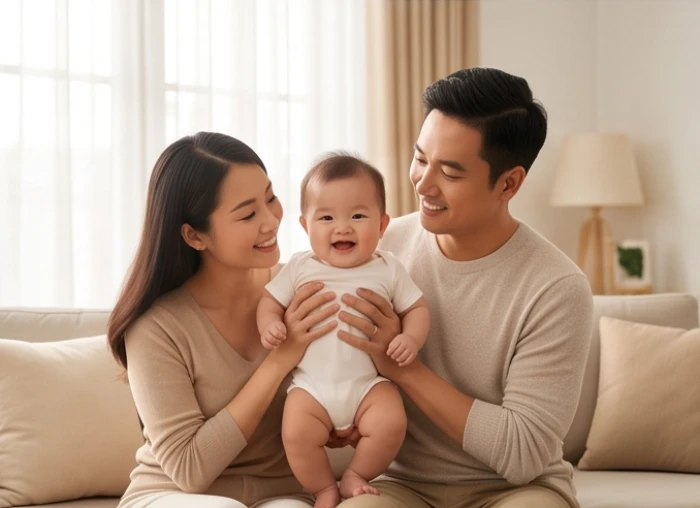 Gia đình nhỏ ấm cúng với cha mẹ và em bé dễ thương giúp tạo thế mộc thông quan hòa giải xung khắc