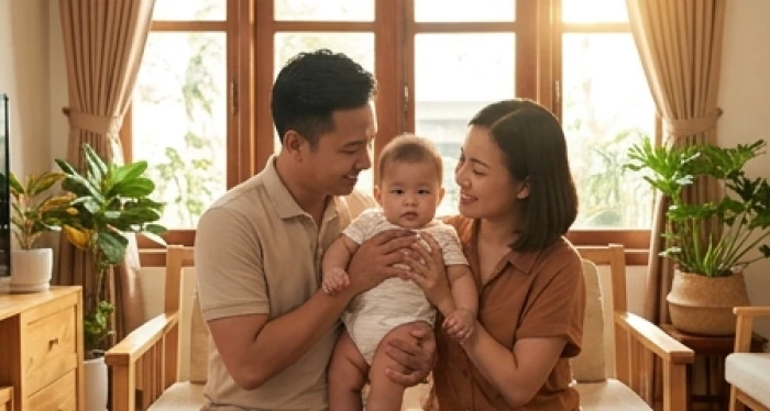 Gia đình trẻ tuổi Nhâm Ngọ hạnh phúc bên con nhỏ trong căn phòng tràn ngập ánh sáng tự nhiên thể hiện ngũ hành tương sinh