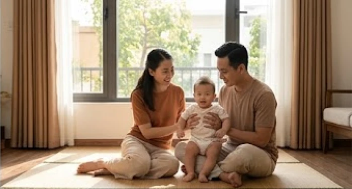 Gia đình trẻ vui vẻ quây quần bên nhau thể hiện sự hòa hợp năng lượng phong thủy