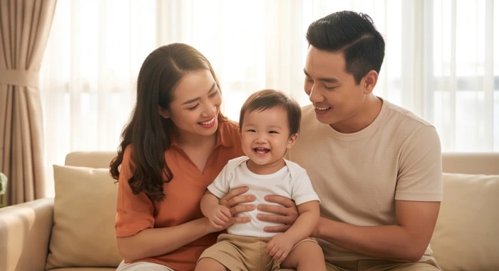 Gia đình nhỏ quây quần hạnh phúc trong phòng khách với con trai nhỏ thể hiện sự hòa hợp năng lượng ngũ hành