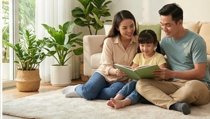 Gia đình nhỏ hạnh phúc đang cùng nhau đọc sách và sinh hoạt ấm cúng trong phòng khách ngập tràn ánh sáng