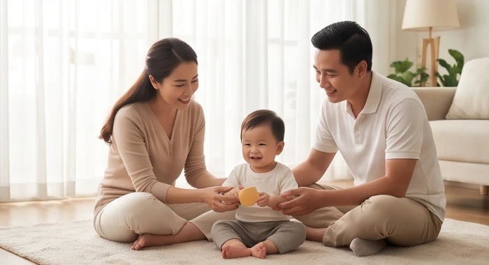 Gia đình hạnh phúc bên con nhỏ mang hành Mộc đóng vai trò cầu nối tương sinh hóa giải xung khắc cho bố mẹ