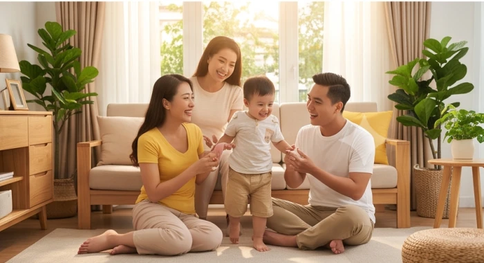 Khoảnh khắc hạnh phúc ấm áp của gia đình nhỏ với người con mệnh Mộc kết nối hài hòa giữa bố và mẹ tuổi Ất Dậu