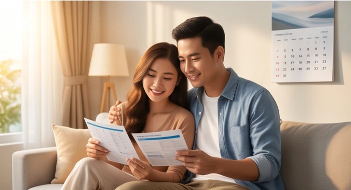 Cặp vợ chồng trẻ trò chuyện hạnh phúc và xem xét lịch khoa học kế hoạch chào đón thành viên mới