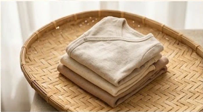 Bộ quần áo sơ sinh bằng chất liệu cotton mềm mại được xếp đặt ngay ngắn trên chiếc giường gỗ ấm áp